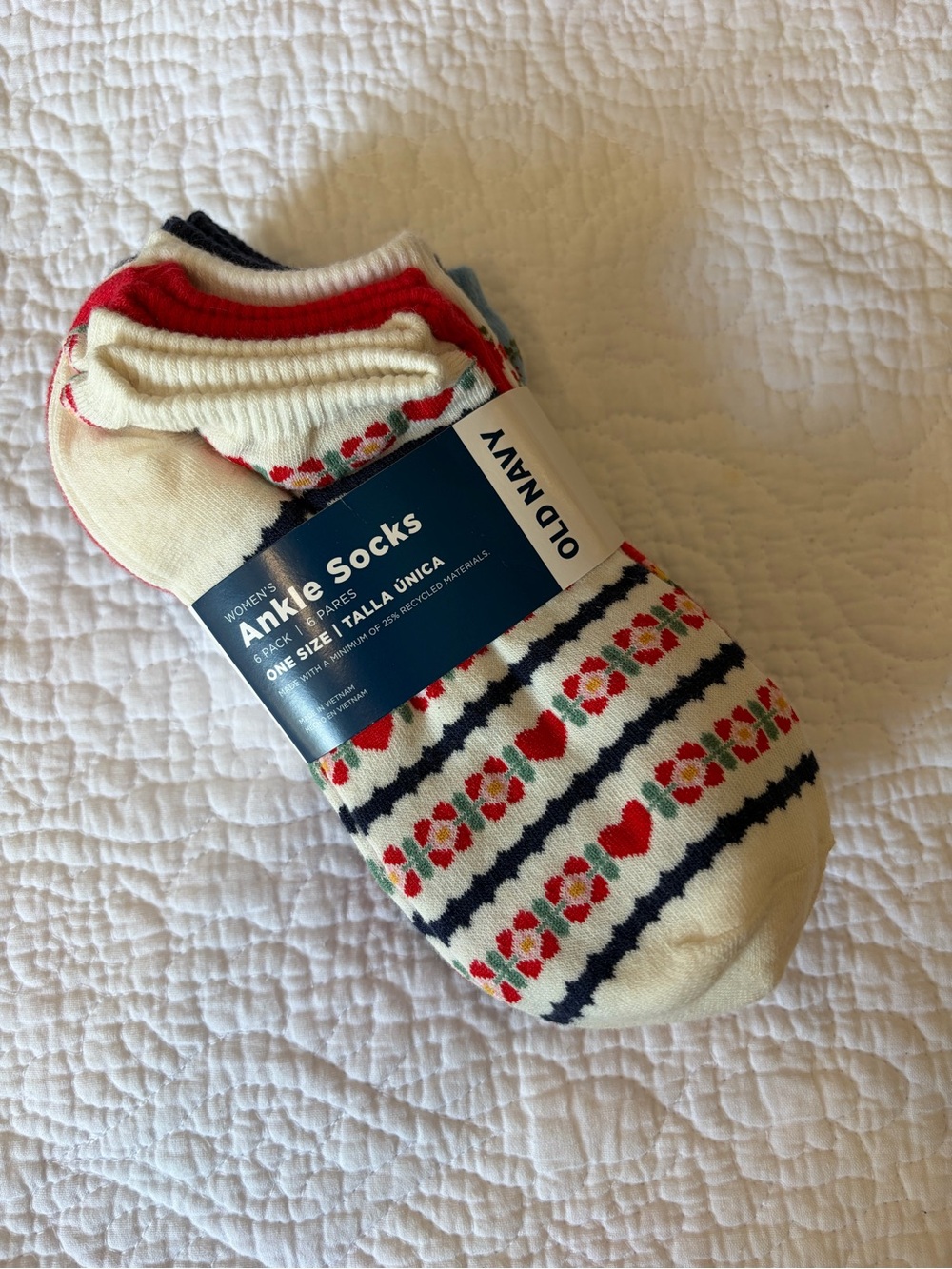 Old Navy Cream Ankle Socks with Red Hearts & Navy Stripes